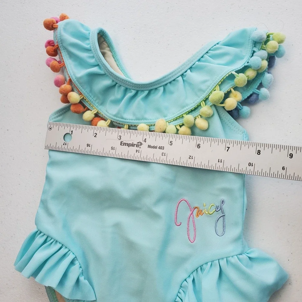 Juicy Couture girls' blue one-piece swimsuit, size 12 months, blue with‎ rainbow